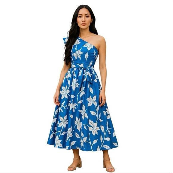 NWT J Crew Floral One Shoulder Midi Dress Sz 2 Blue White Preppy Casual - Picture 1 of 7